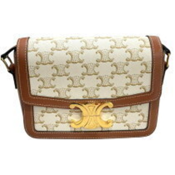 Celine Teen Triomphe white canvas calfskin Shoulder Bag - Picture 1 of 7